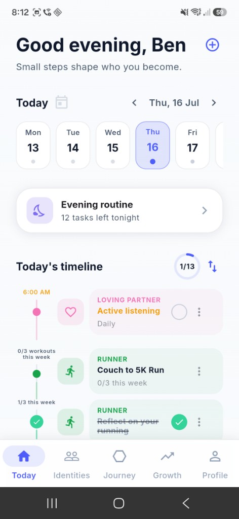 Ascend Today timeline showing Couch to 5K Run and Runner identity habits